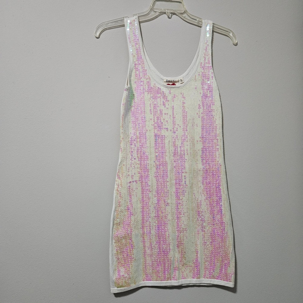 Derek Heart Womens Sequin Tank Dress White Pink Iridescent Mini Party Size L